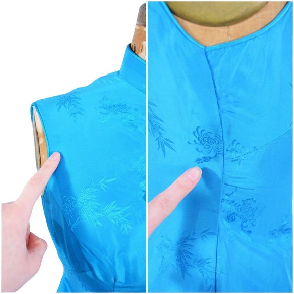 Vintage 1960s Cheongsam Bright Blue Long Dress | W 26" - Picture 4 of 5